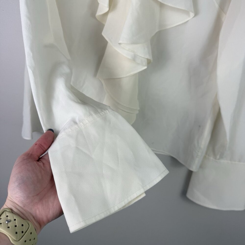 FRAME Silk Ruffle Blouse Cream Medium V Neck Long Sleeve Luxury Designer Top - Picture 5 of 8